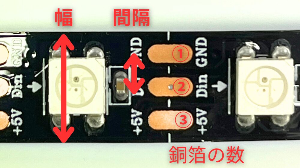 LEDテープライトのコネクタを選ぶときに重要な項目を紹介。銅箔の数、間隔、テープの幅が重要な項目になる。