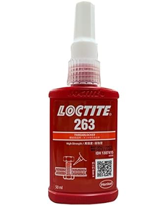 高強度タイプのネジロック。ロックタイト263。赤色。工具で取り外しができないほど強い接着力。バーナーで加熱しないと緩まない。