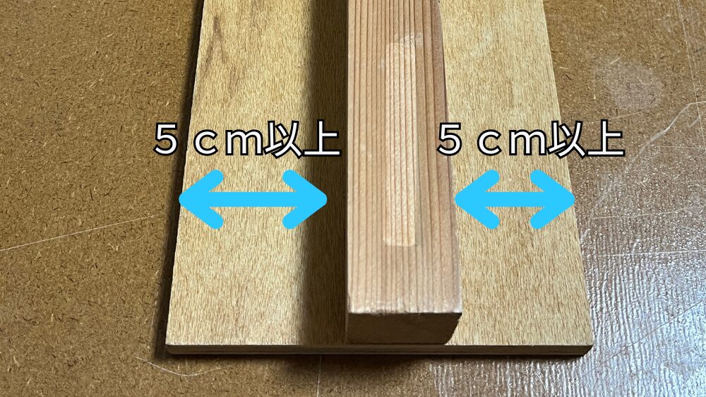 トリマーガイド、定規のベースとなるベニヤ板の中央付近にガイドとなる角材を接着する。