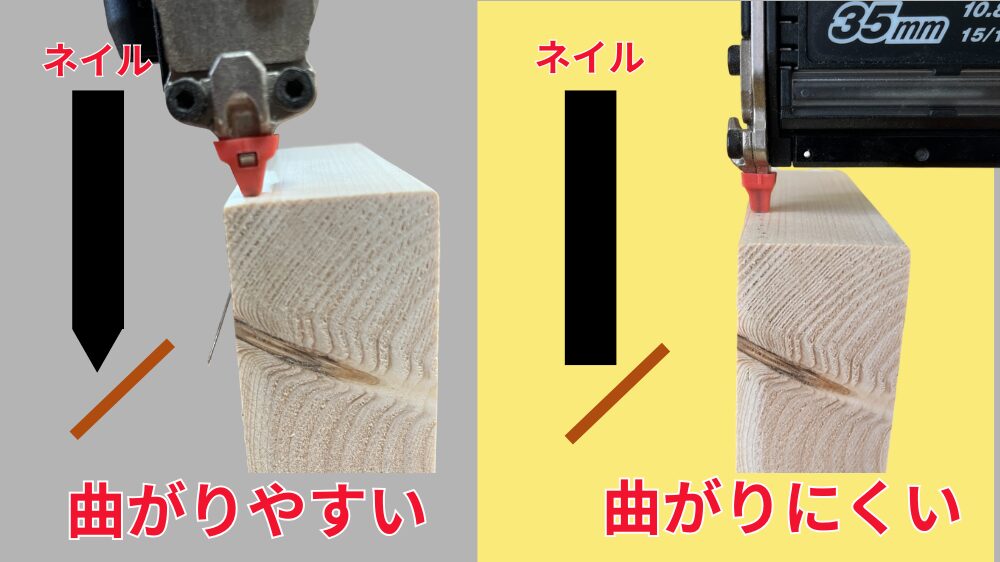 ピンネイルの曲がりやすい向き