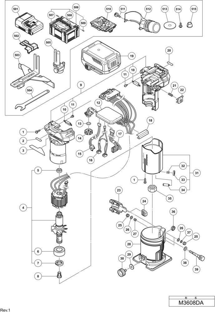 HIKOKI　M3608DAの部品図と部品番号