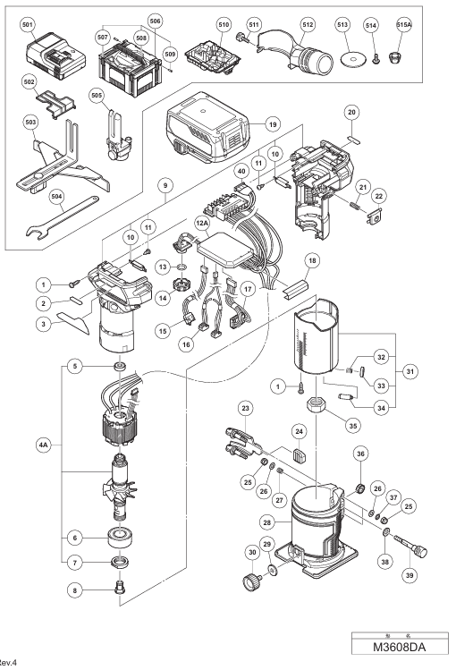 HIKOKI M3608DAの部品図と部品番号