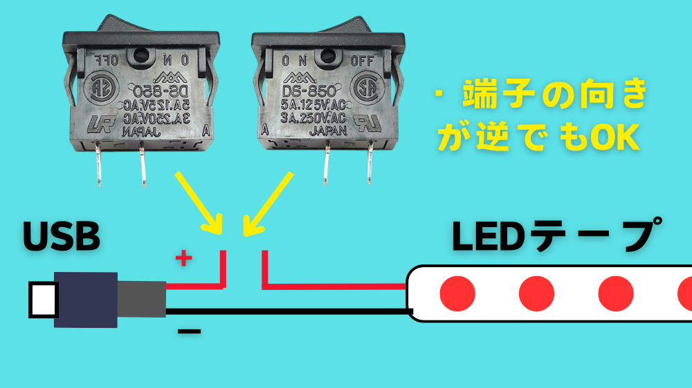 ロッカースイッチとLEDテープライトの接続　端子の向きが逆でも問題無い