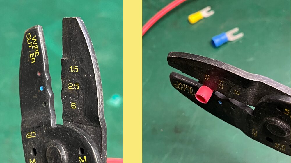 電工ペンチで絶縁被覆付き圧着端子をカシメる
