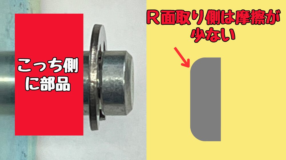 EリングのR面取り側に部品が来るようにすると摩擦が少なくなる