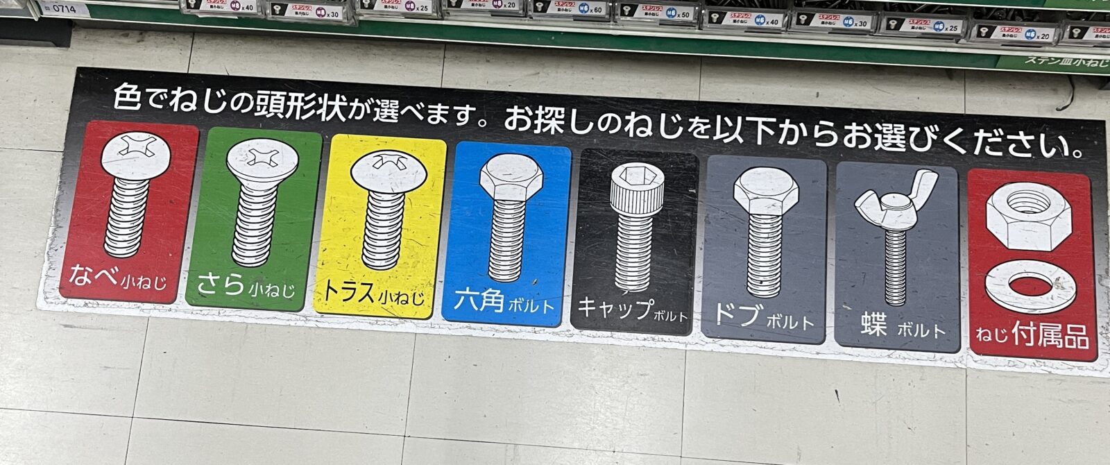 バラ売りしているネジの種類が一覧で並んでいる。