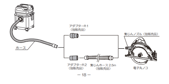 集じん機と電動工具を接続する方法を図示している